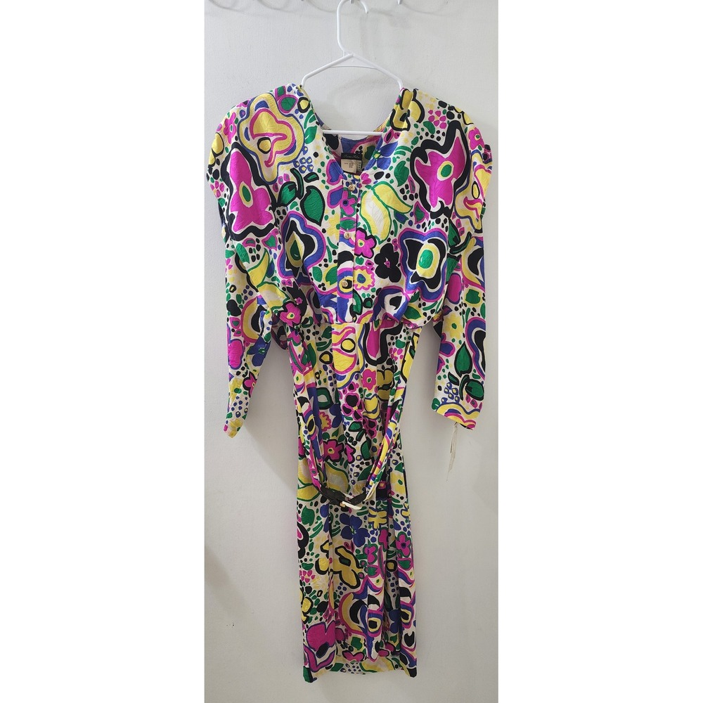 Vintage Pura Seta Silk Abstract Floral Midi Dress Belted Italian Made Multicolor